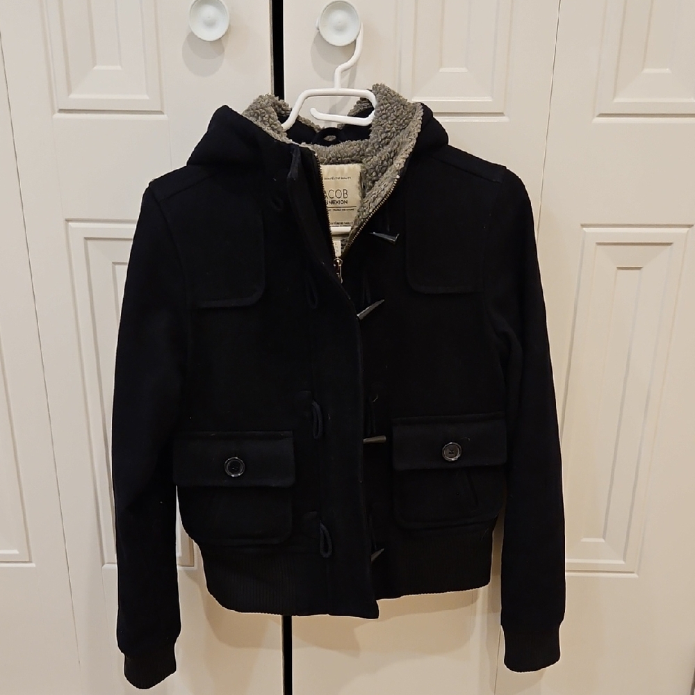 Jacob Navy Hooded Pea Coat with Sherpa Lining